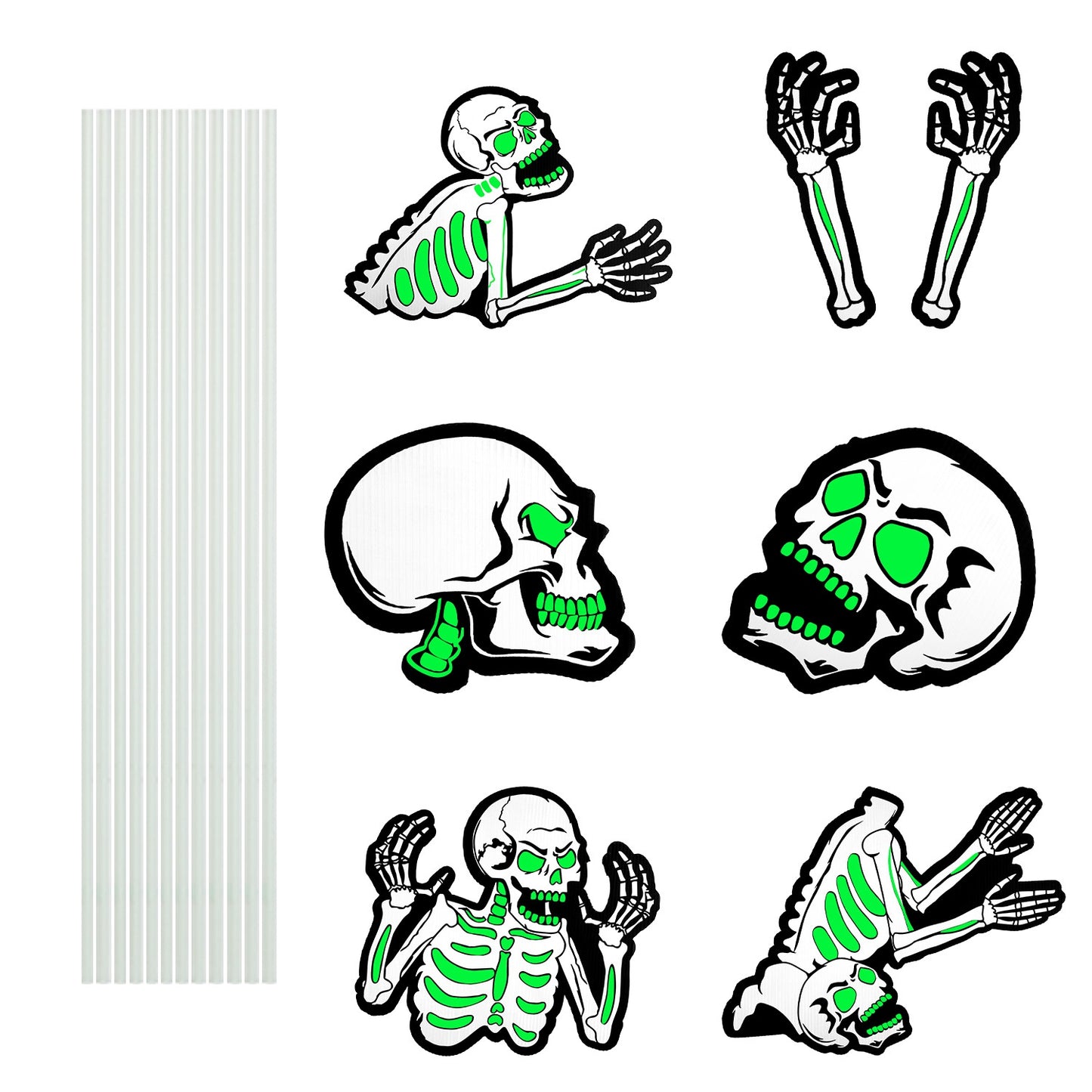 Glow In The Dark Halloween Yard Sign Set - 6 Pcs Skeleton & Cat
