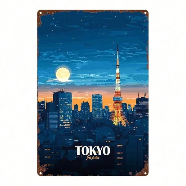 Tokyo Cityscape Metal Sign - 8x12 Inch Rustic Wall Art