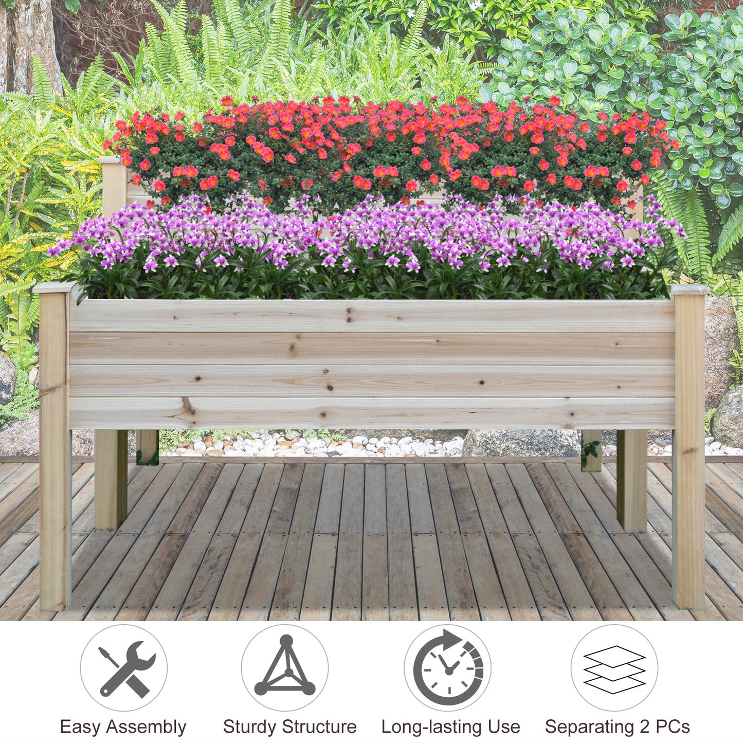 Two-Tier Wooden Elevated Garden Bed - Large Outdoor Planter 45x45