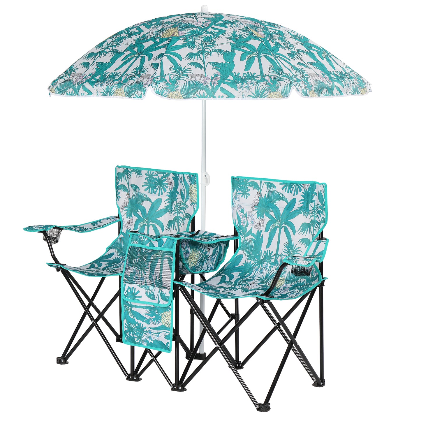 Folding Double Camping Chair with Removable Umbrella & Cup Holders