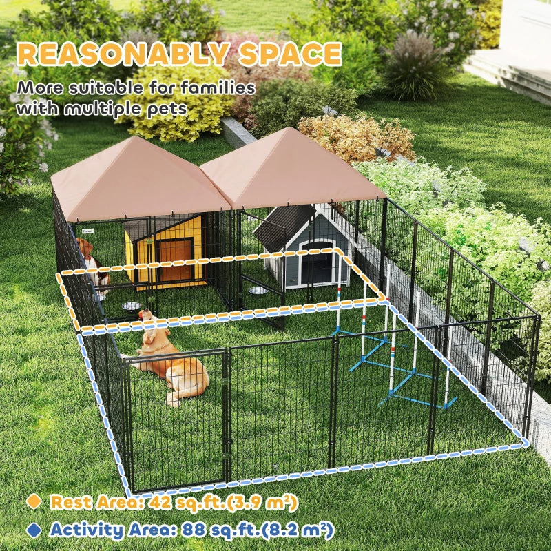 Large Outdoor Dog Kennel with 2 Rooms, Adjustable Bowls, Steel Frame, Coffee