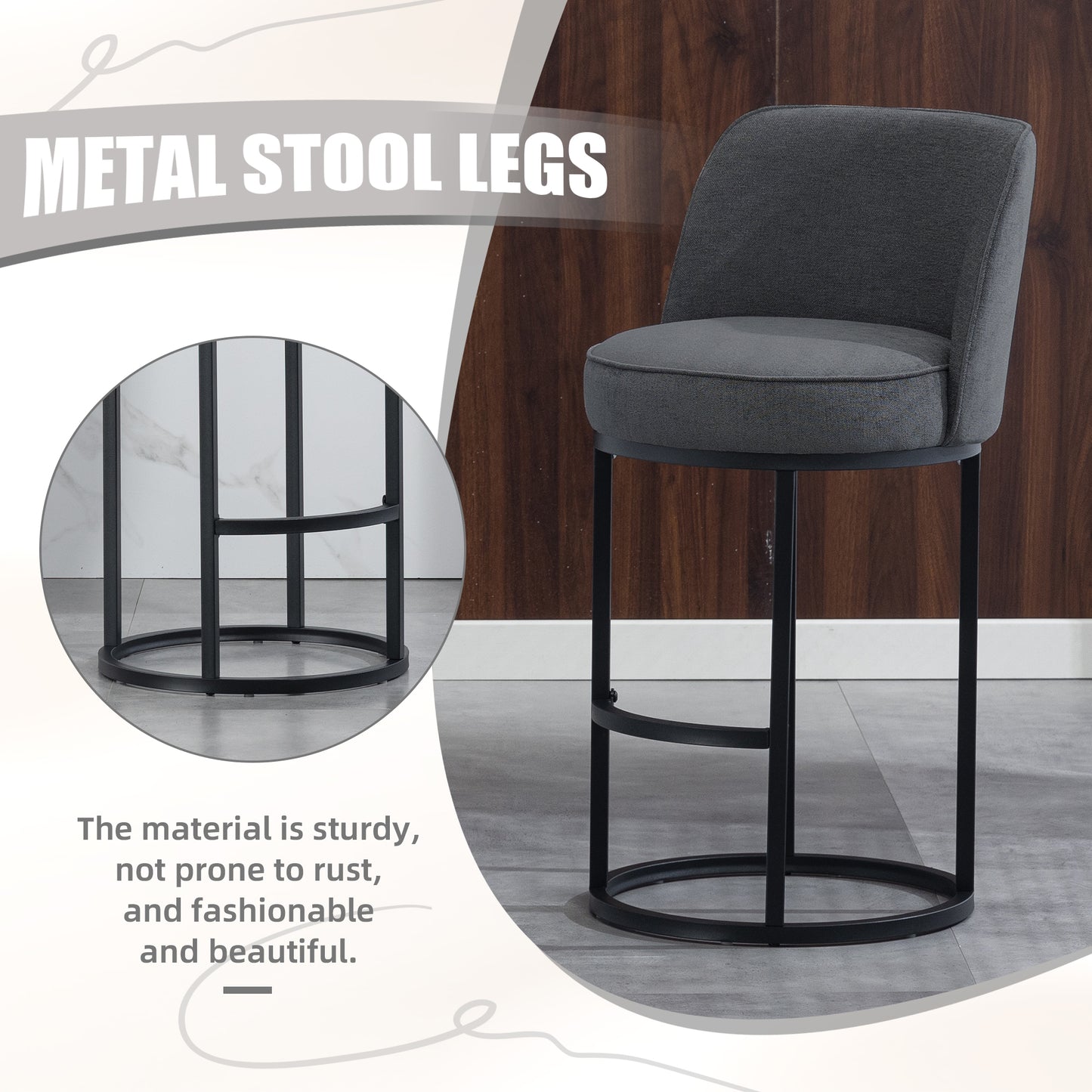 Modern Barrel Counter Stools Set of 2 - Gray Linen Upholstered