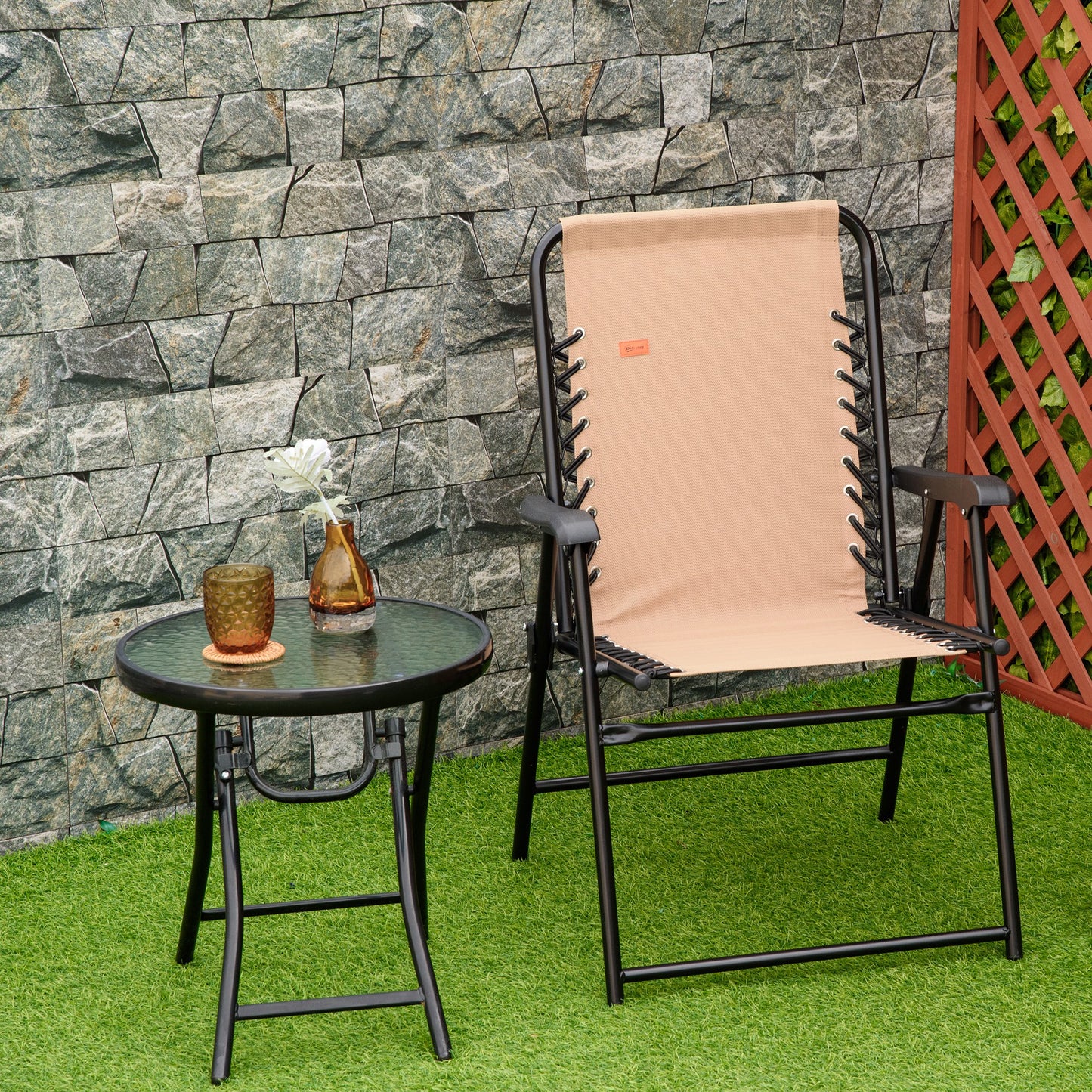 Folding Patio Chair - Portable Bungee Sling with Armrests, Beige