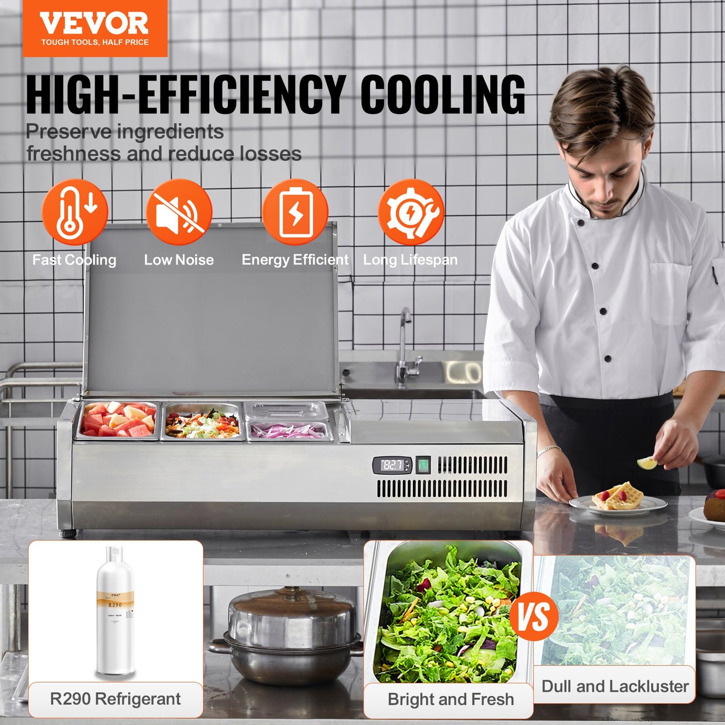 Refrigerated Condiment Prep Station with 1/3 & 4/6 Pans - Stainless Steel Countertop Cooler