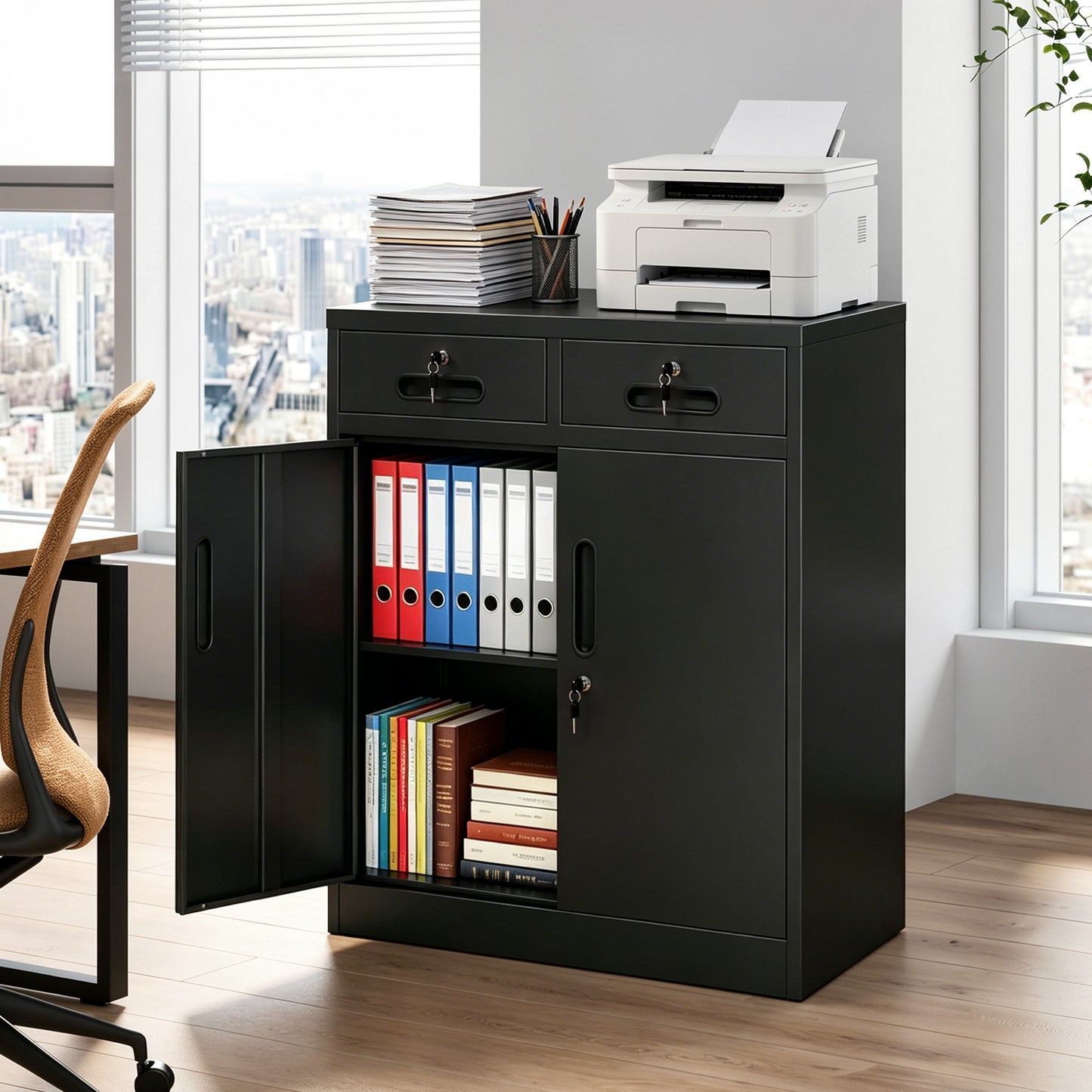 Heavy-Duty Metal Storage Cabinet with Lock and 2 Drawers - Black