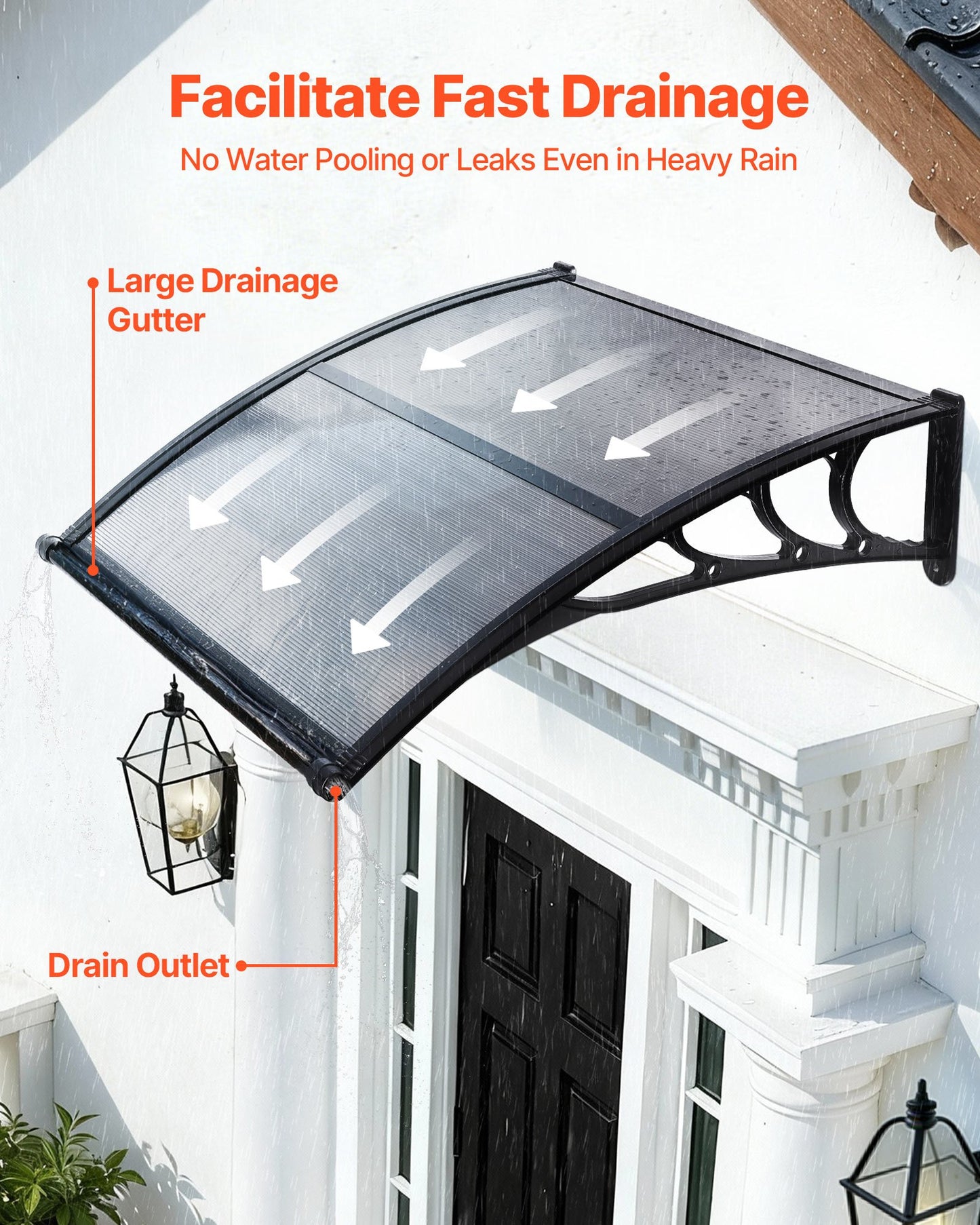 Outdoor Door Canopy Awnings 38x40 Inches - Polycarbonate Sun Rain Snow Protection with Drainage & Mounting Kit, Black