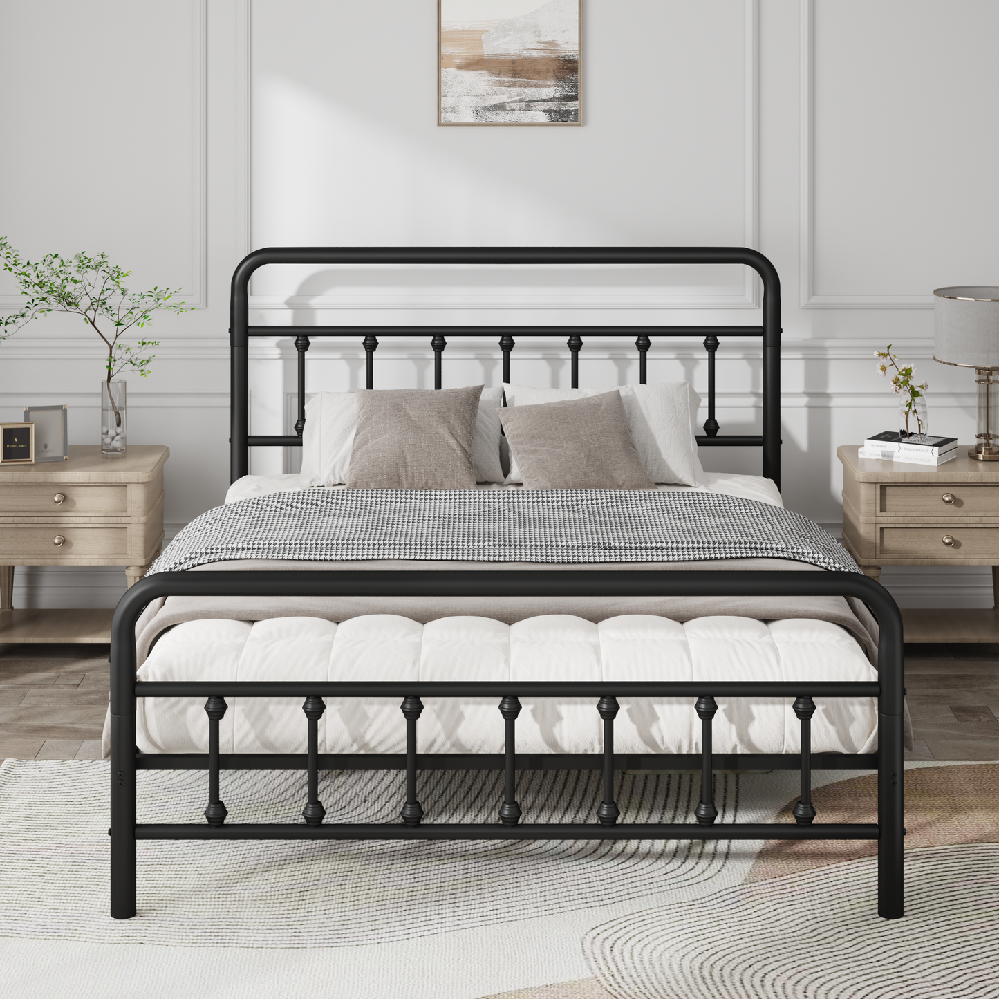 Queen Size Metal Bed Frame with Headboard - Black