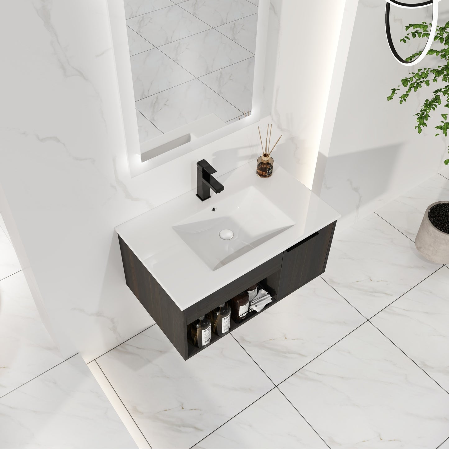 30-Inch Wall-Mounted Bathroom Vanity with Ceramic Sink - Dark Oak