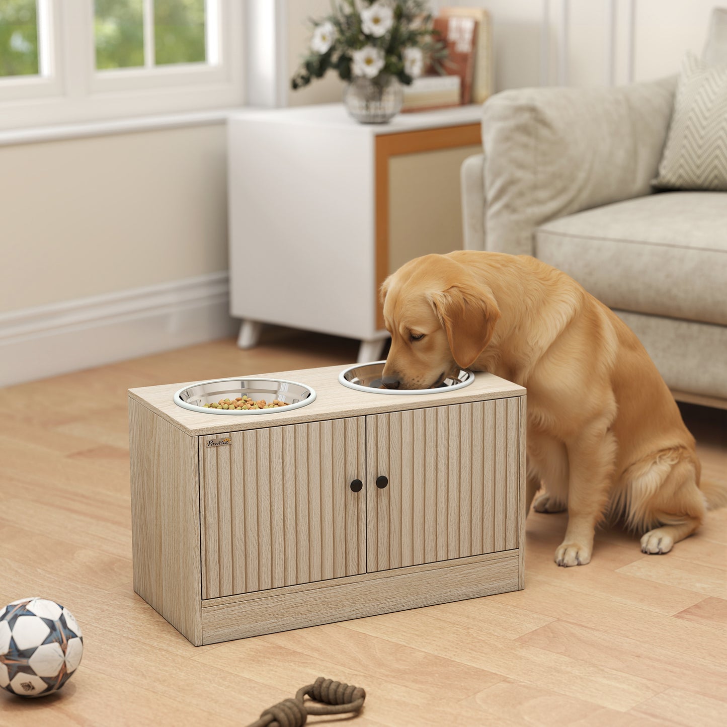 Elevated Dog Feeding Station with Storage Cabinet & Stainless Steel Bowls - Oak