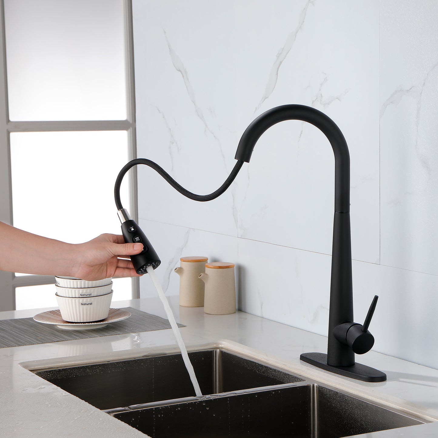 Pull-Down Kitchen Faucet with Eco-Friendly Design - Black