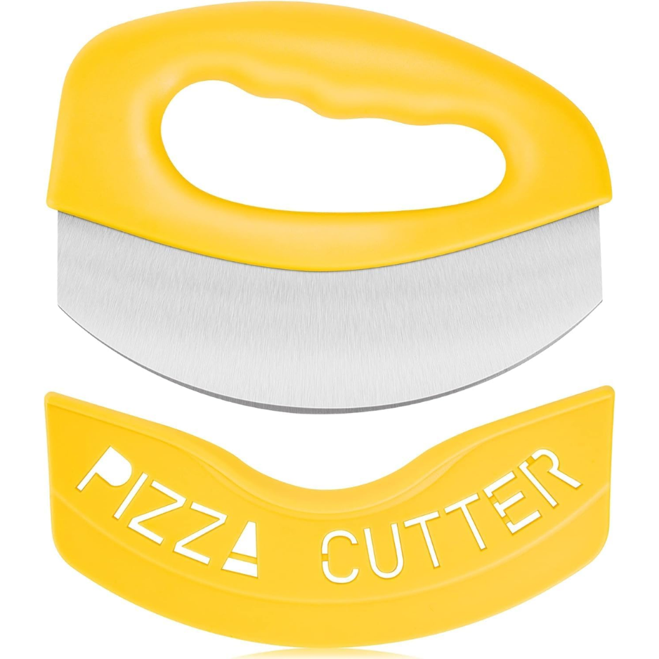 Heavy-Duty Stainless Steel Pizza Cutter Rocker with Blade Cover - Yellow