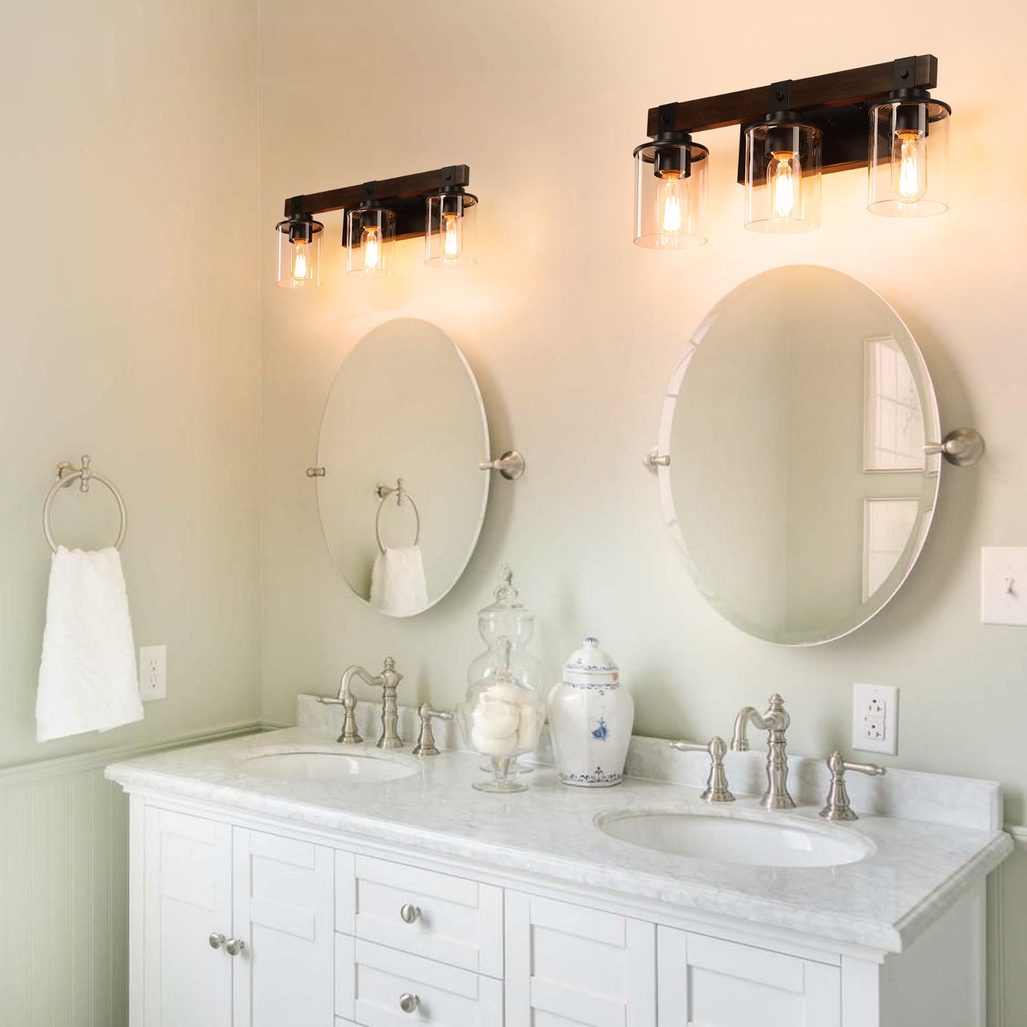 Rustic 3-Light Vanity Light Fixture with Glass Shades and Wood Accent