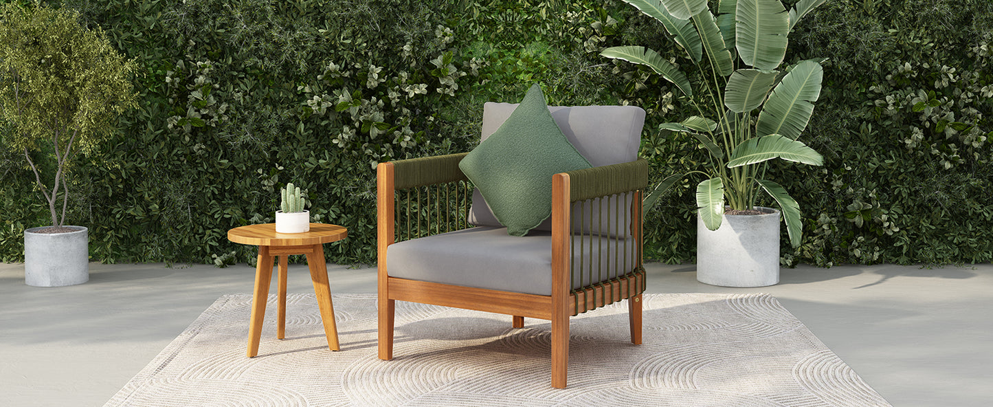 Acacia Wood Outdoor Club Chair With Handwoven Rope Accents & Curved