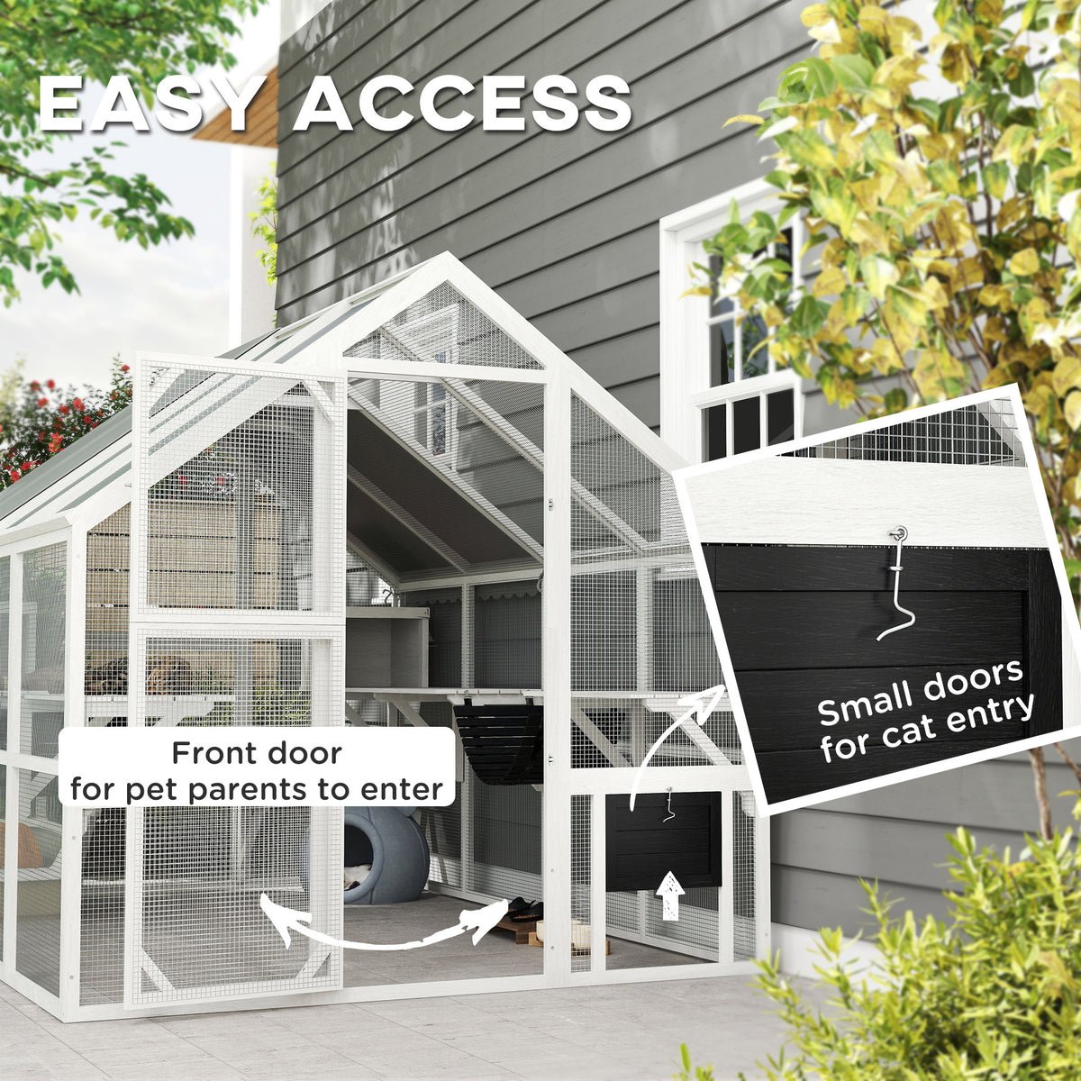Outdoor Wooden Cat Enclosure with Waterproof Cover, 2 Condos & 6 Platforms