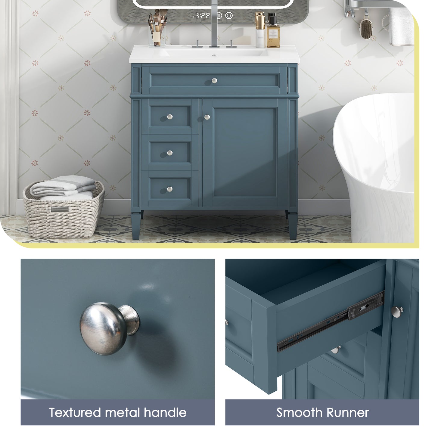 30'' Modern Bathroom Vanity with Sink & Storage - Blue