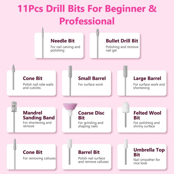 45000 RPM Portable Electric Nail Drill Kit with 11 Bits - White