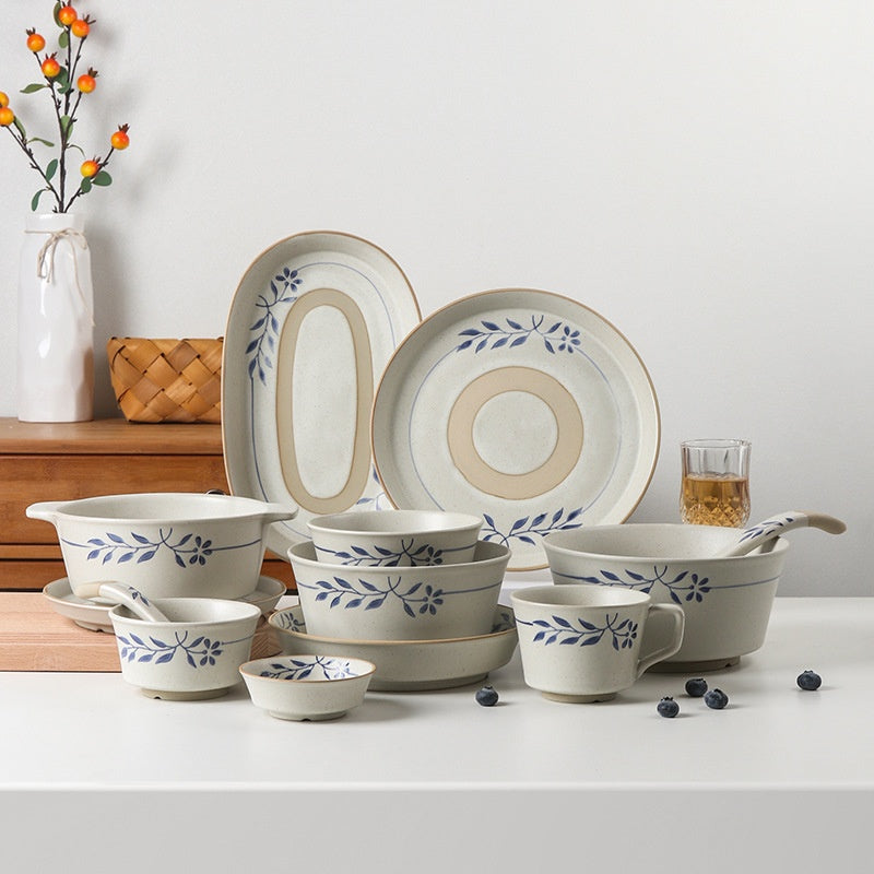 Retro Simple Rice Bowl Set - Household Kitchen Dinnerware with Flower Pattern