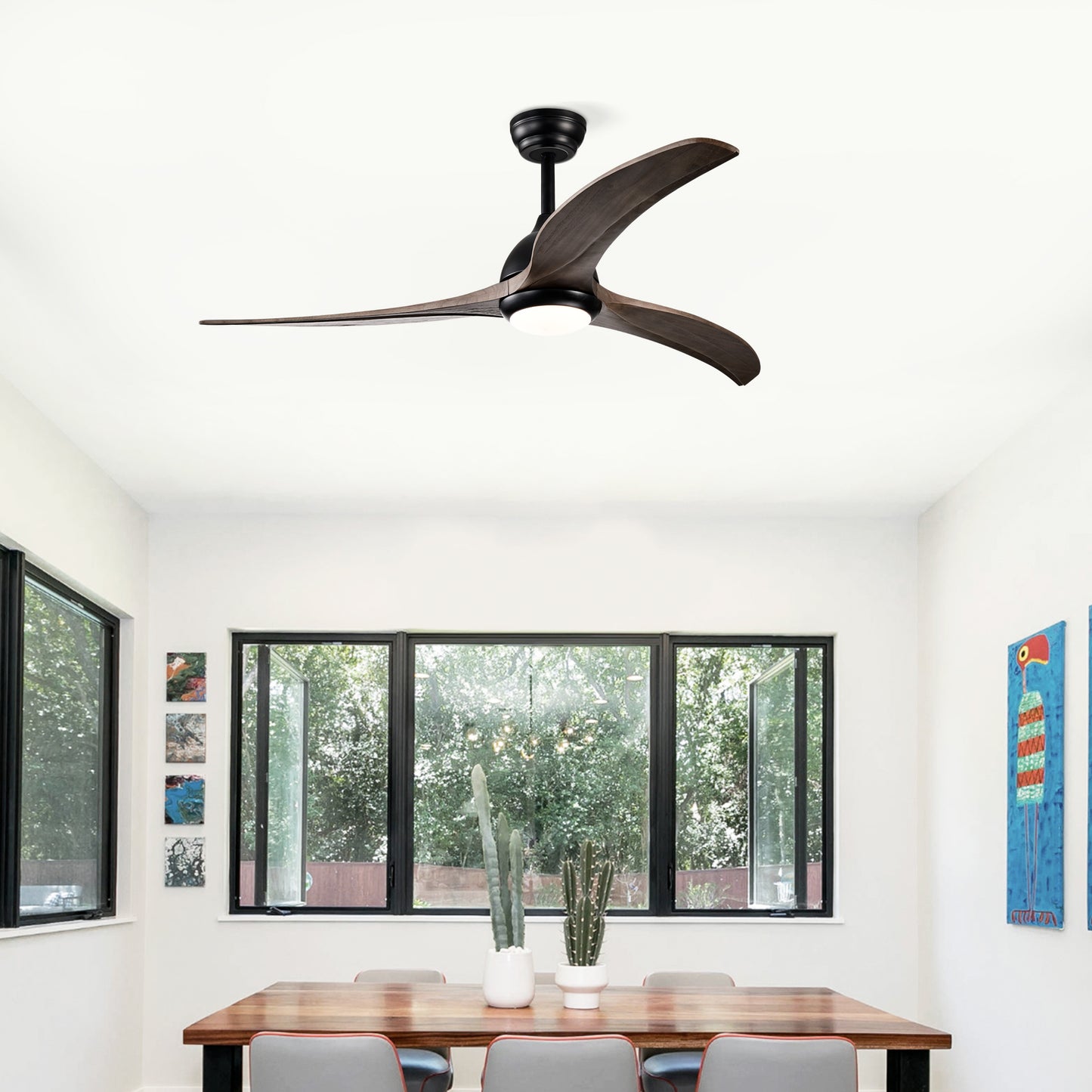 52-Inch Solid Wood Blades Ceiling Fan with Light & Remote Control - Matte Black
