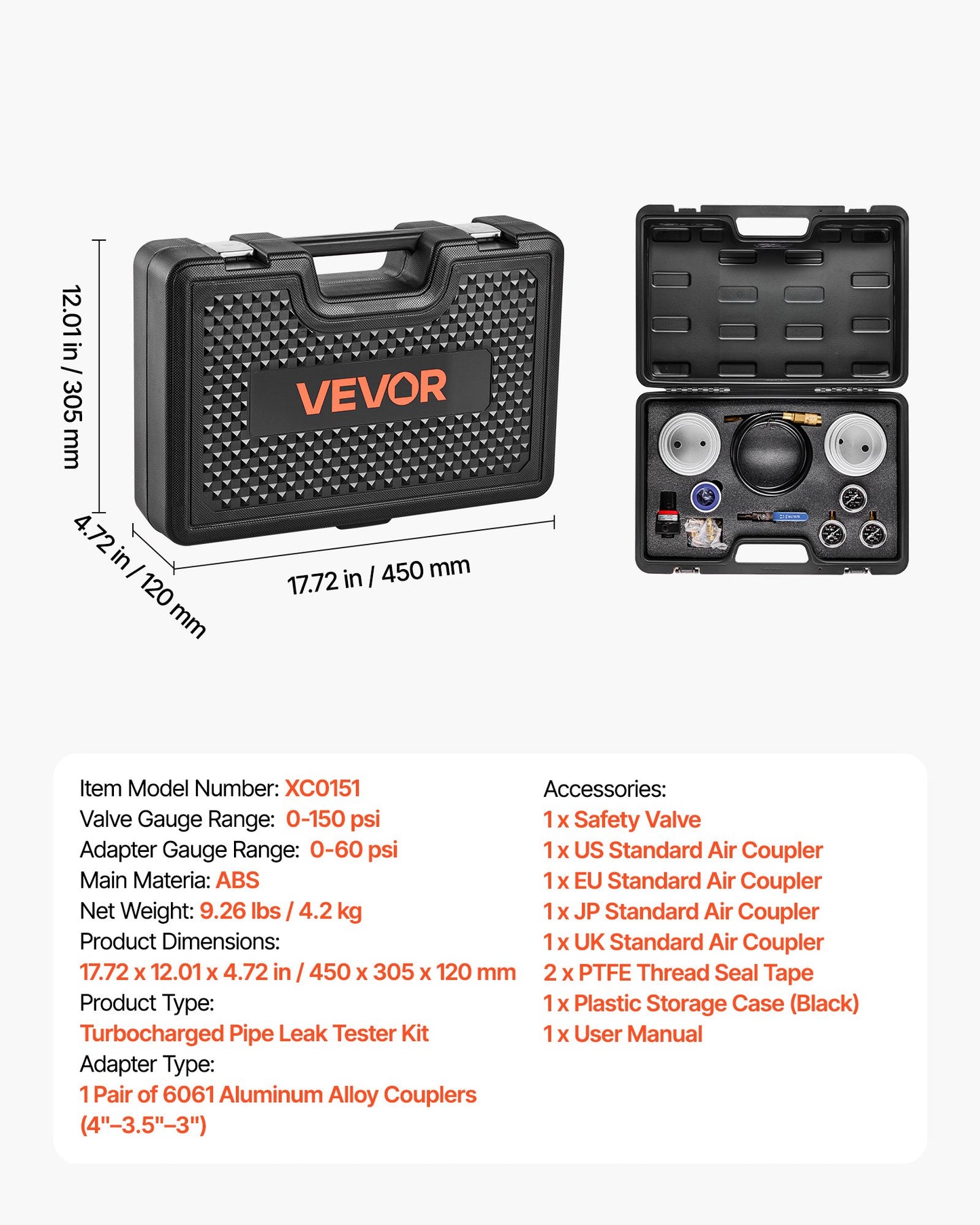 Turbo Boost Leak Tester Kit, Compatible With 3"/3.5"/4" Pipe, 0-150