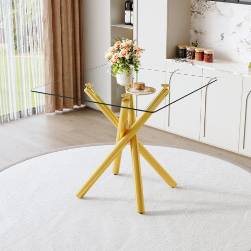 Modern Gold Bar Table With Tempered Glass Top, Sturdy Cross Metal