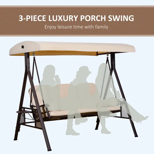 3-Seat Porch Swing with Canopy - Beige Cushions, Steel Frame