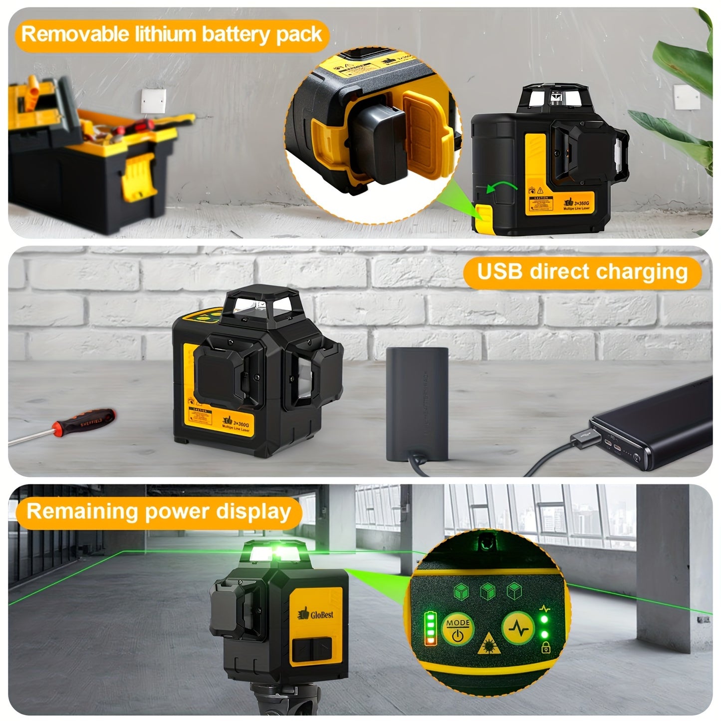Self Leveling Laser Level Tool with 3x360° Green Lines, Magnetic Base, Rechargeable Battery, Model LL 3DG