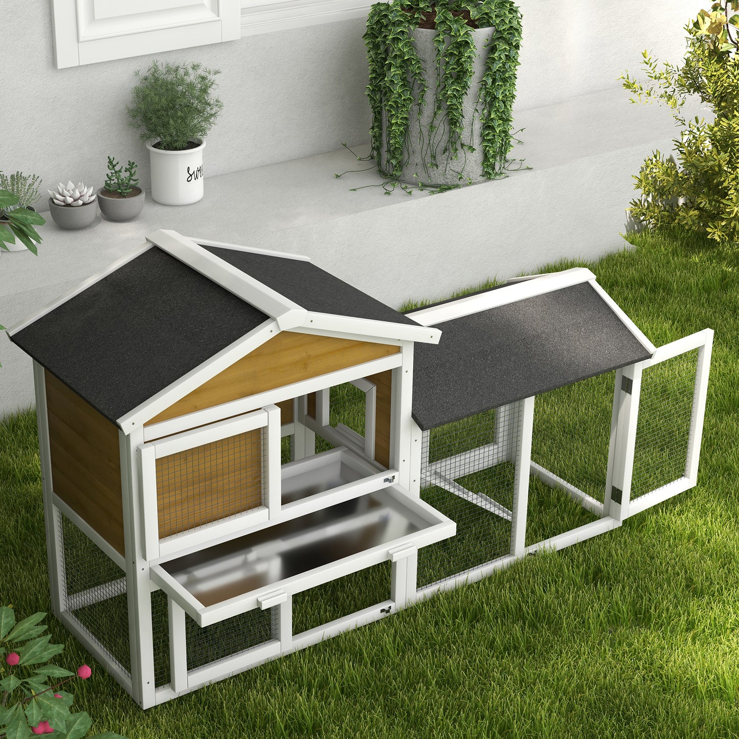 58-Inch Wooden Rabbit Hutch with Run and Removable Tray - Natural Wood