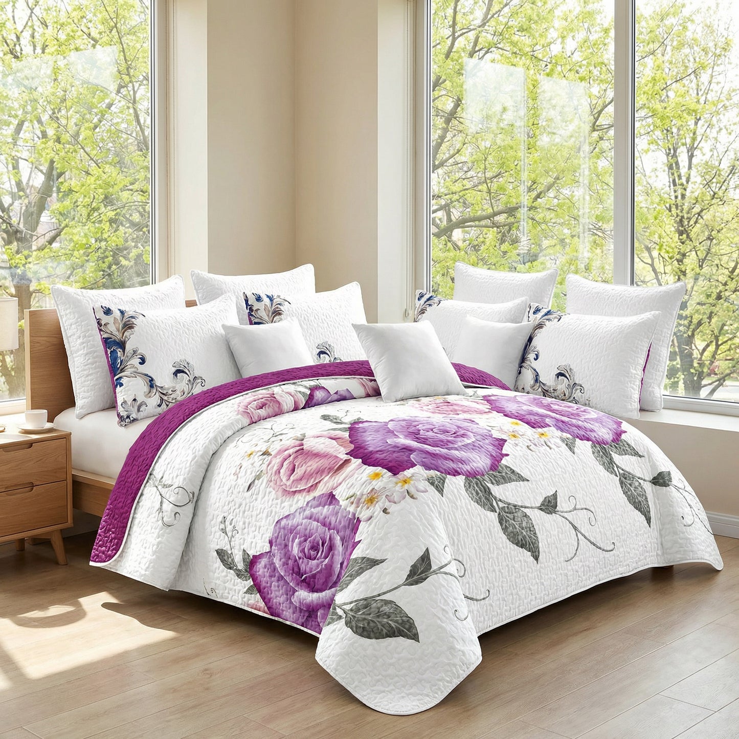 9-Piece Room In A Bag Quilt & Curtain Set - Deep Magenta Floral
