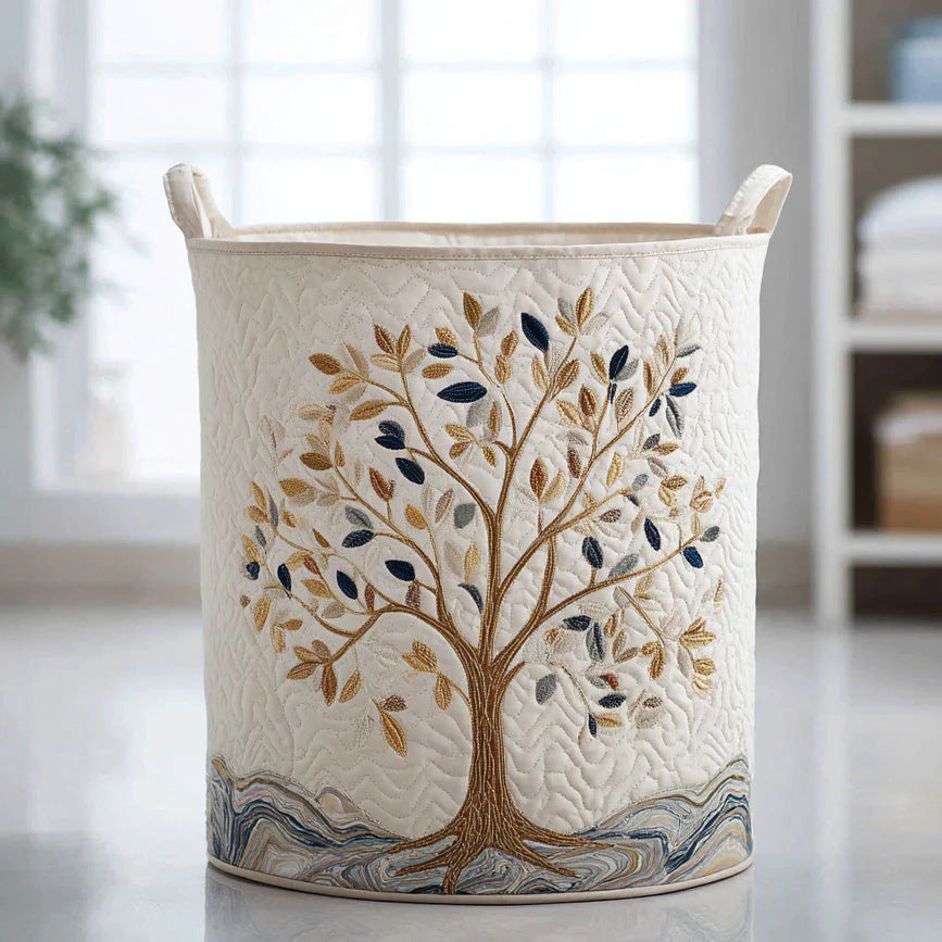 Cotton Laundry Hamper with Quilted Pleated Design Dustproof Clothes Basket