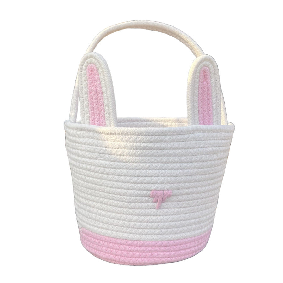 Easter Egg Handwoven Cotton Basket with Cartoon Rabbit Design – Multi-Color Storage Bag