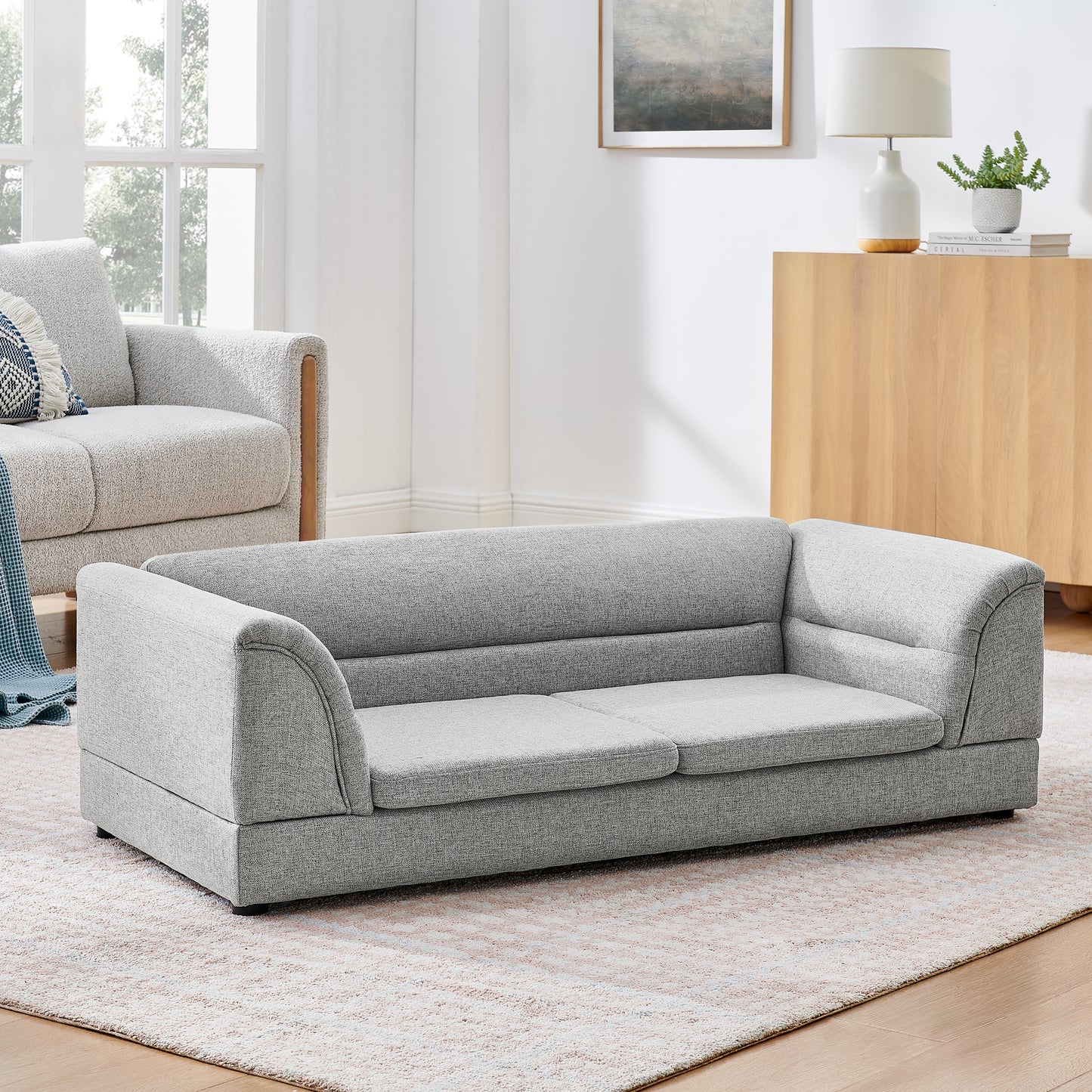 Large Oversized Linen Pet Sofa Bed with Curved Armrest for Dogs & Cats - Light Grey