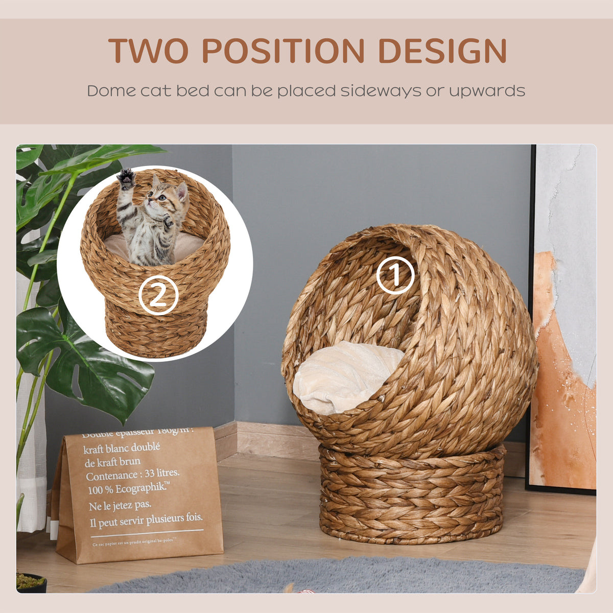 Elevated Cat Bed with Soft Cushion & Basket Shape - Indoor Wicker House, 23.5 Inches, Light Brown