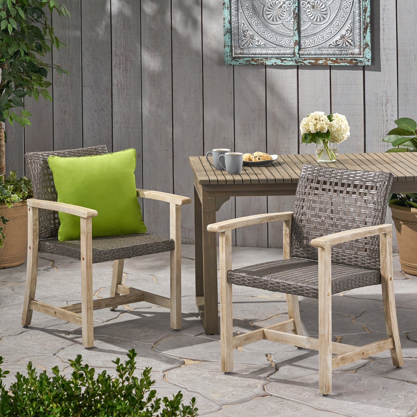 Hampton Wood and Wicker Dining Chair Set of 2 - Black Grey