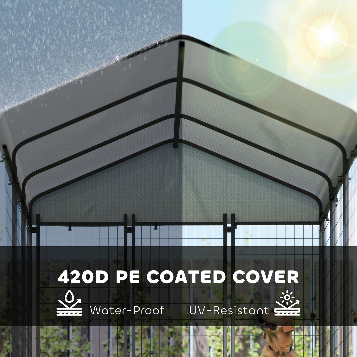 Outdoor Dog Kennel with Roof, 4-Level Adjustable Bowls & Rotating Feeder
