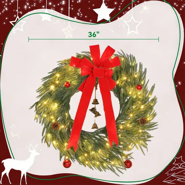 36" Norfolk Pine Christmas Wreath with LED Lights & Ornaments