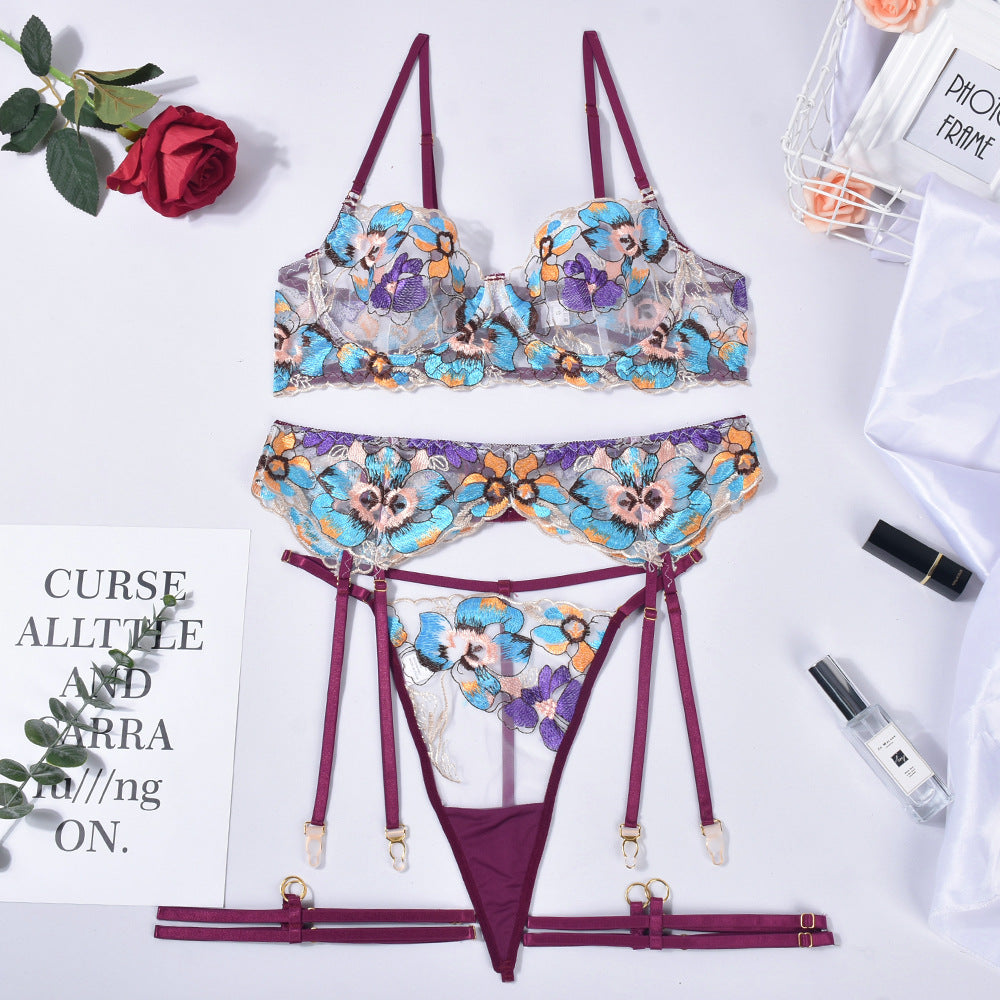 Gather Perspective Embroidery 5-Piece Lingerie Set for Women - Purple & Apricot