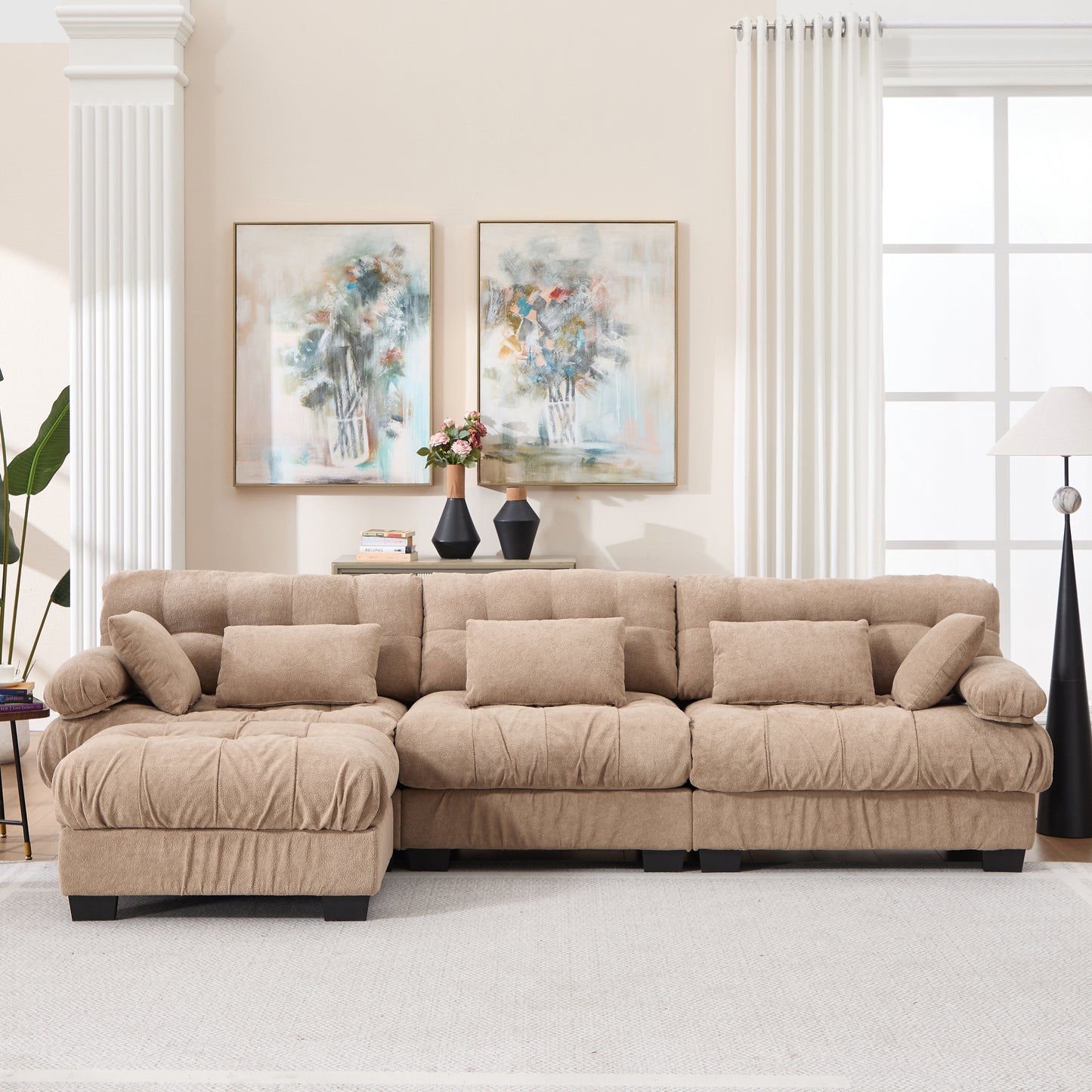 Modular Sectional Sofa with Movable Ottoman - Light Brown