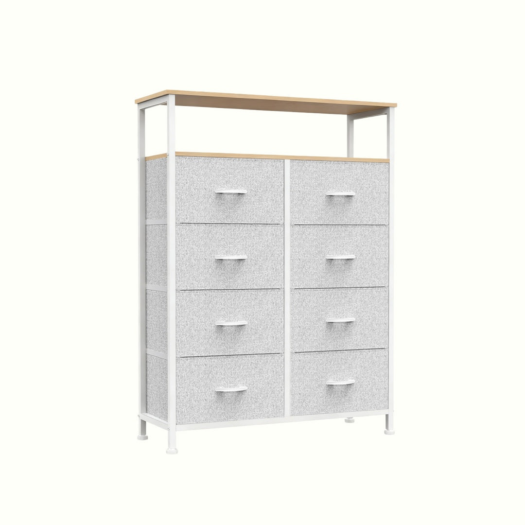 Light Grey Wooden Storage Unit with 8 Shelves and Drawers