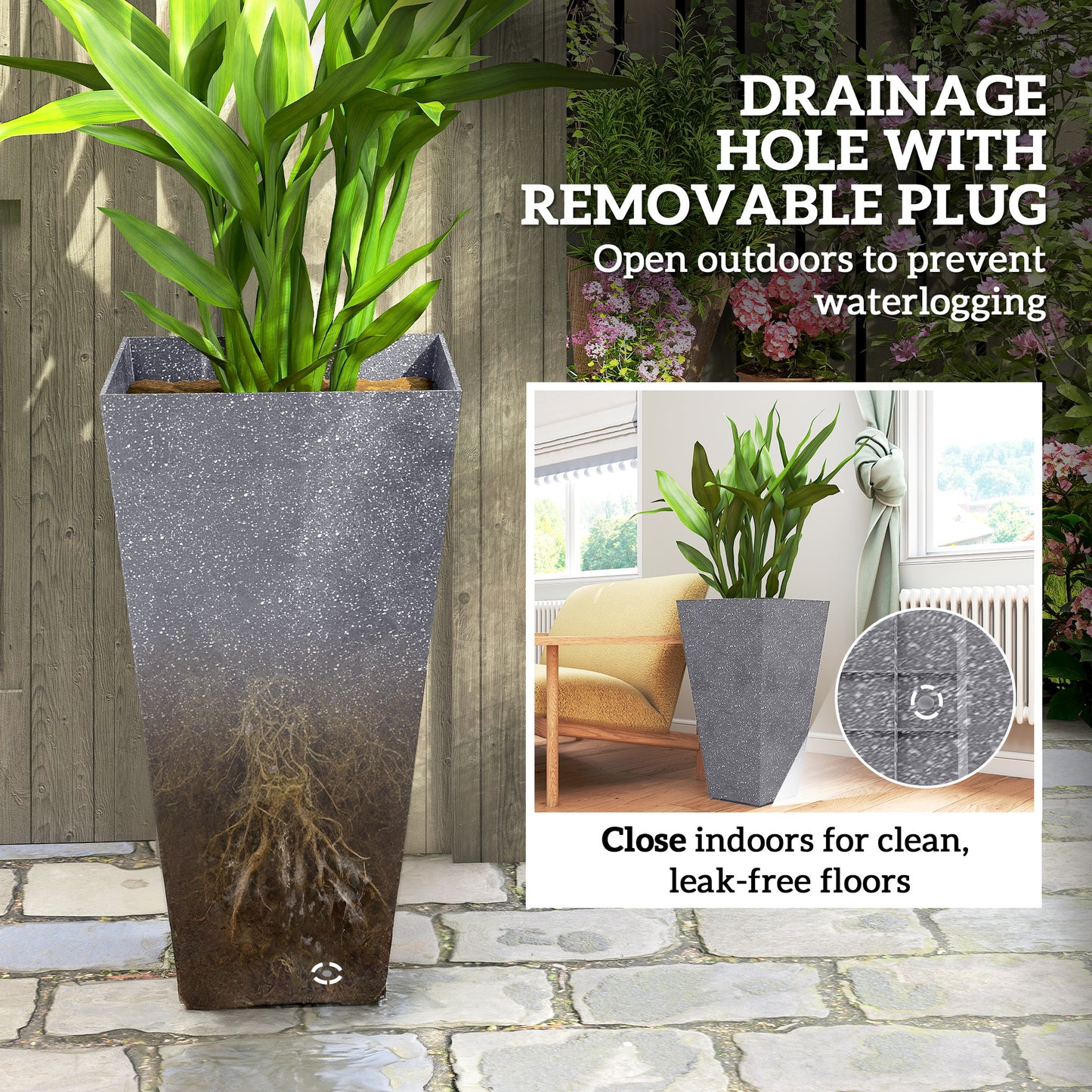 28-Inch Tall Plastic Planters Set of 3 with Marble Finish and Drainage Holes