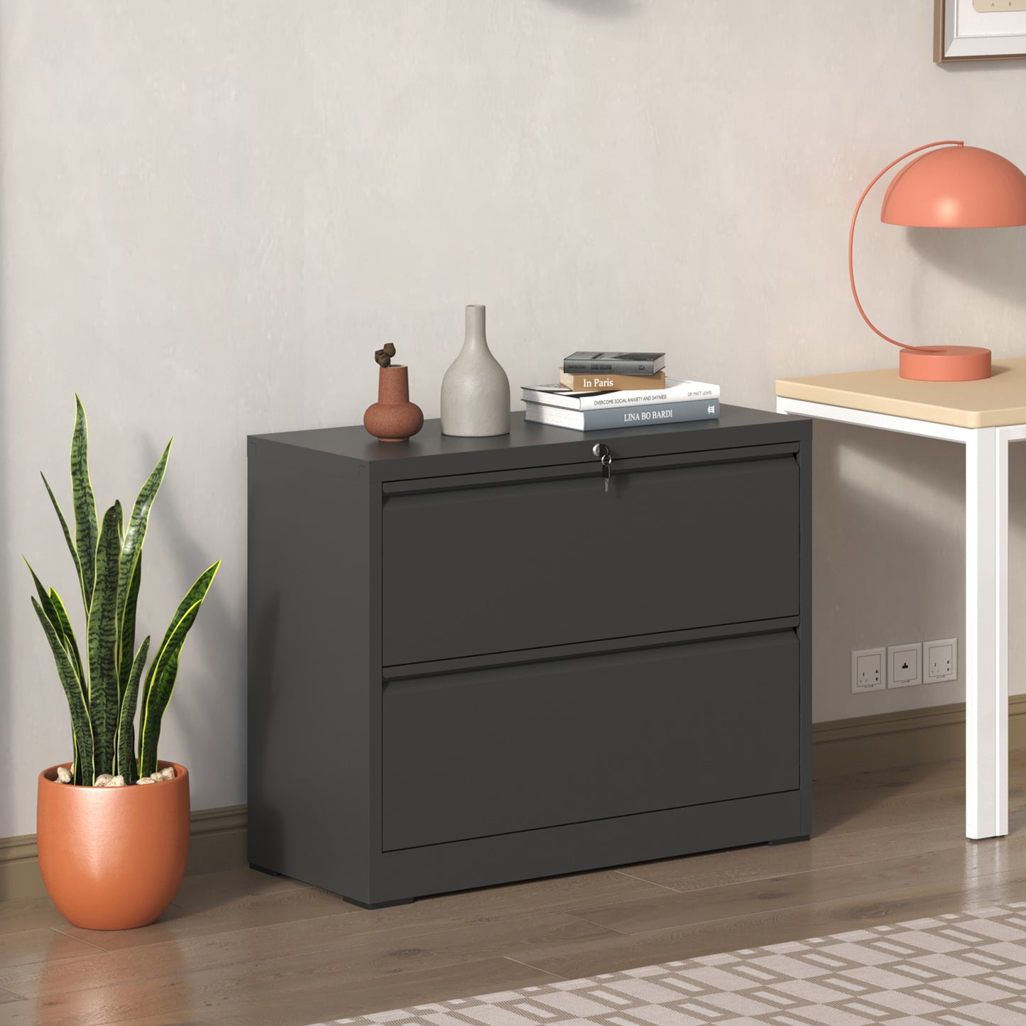 Lateral File Cabinet 2 Drawer, Black Filing With Lock, Lockable For