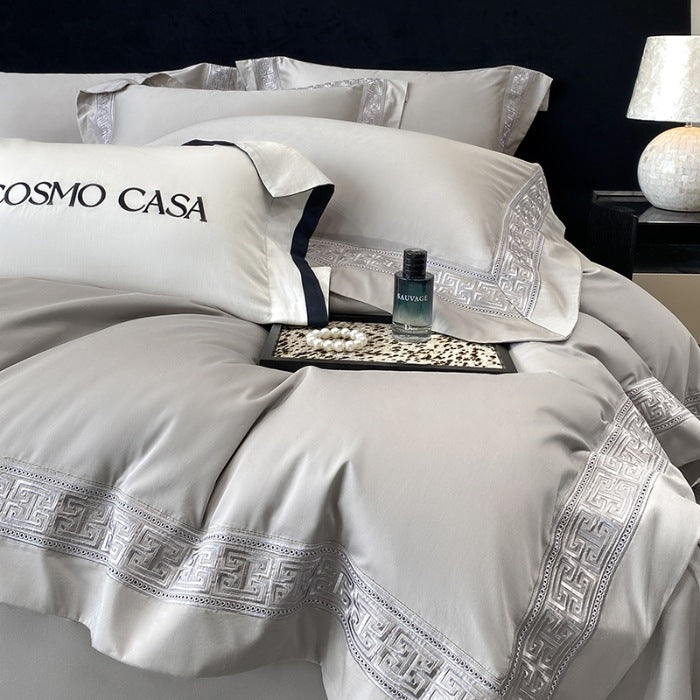 Double-Ply Cotton Bedding Set with Embroidered Geometric Pattern - Four Pieces