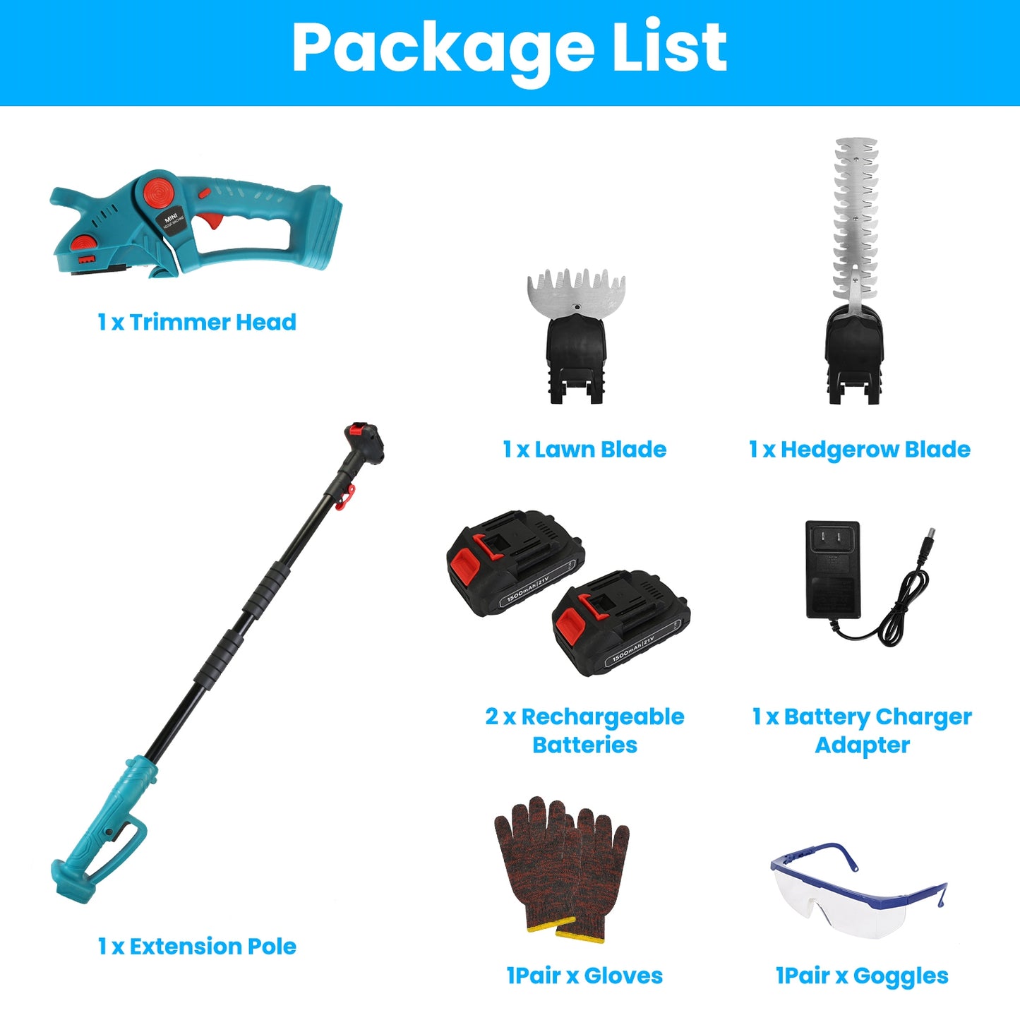 Cordless Multi-Function Hedge Trimmer with Telescopic Pole & Batteries - Blue