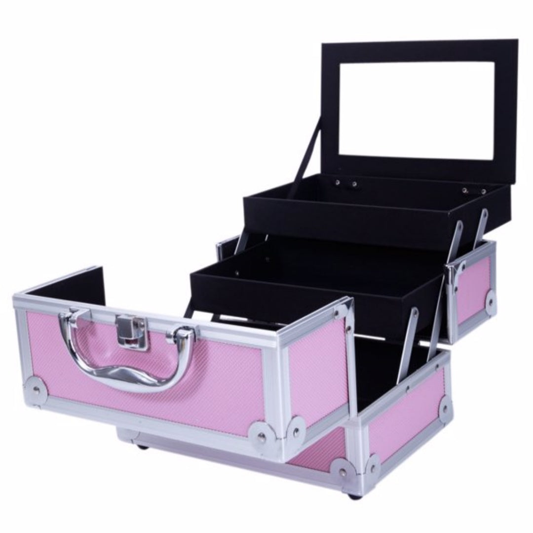 Pink Aluminum Makeup Train Case with Mirror - SM-2176
