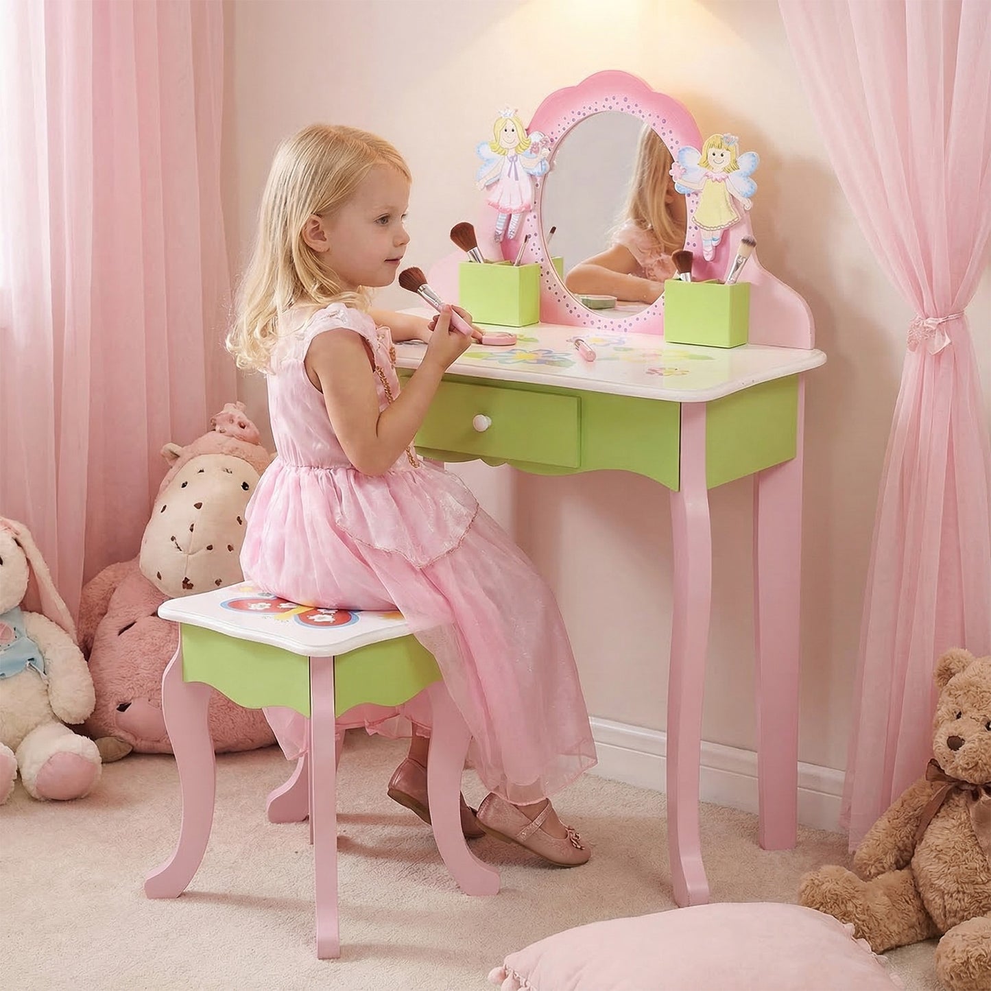 Kids Vanity Set With Mirror Drawer Flower Fairy Design Wooden Toddler