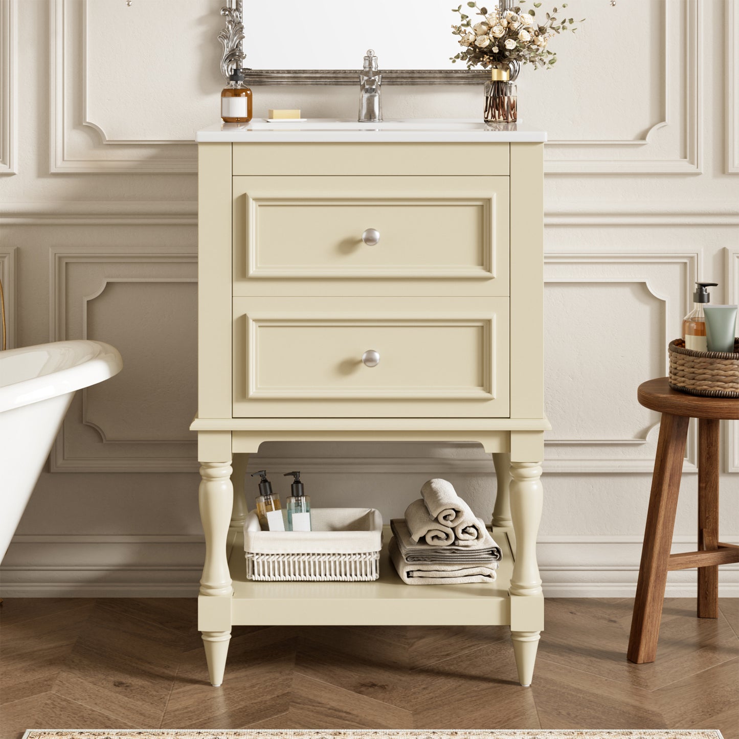 20'' Beige Bathroom Vanity with Ceramic Sink & 2 Drawers