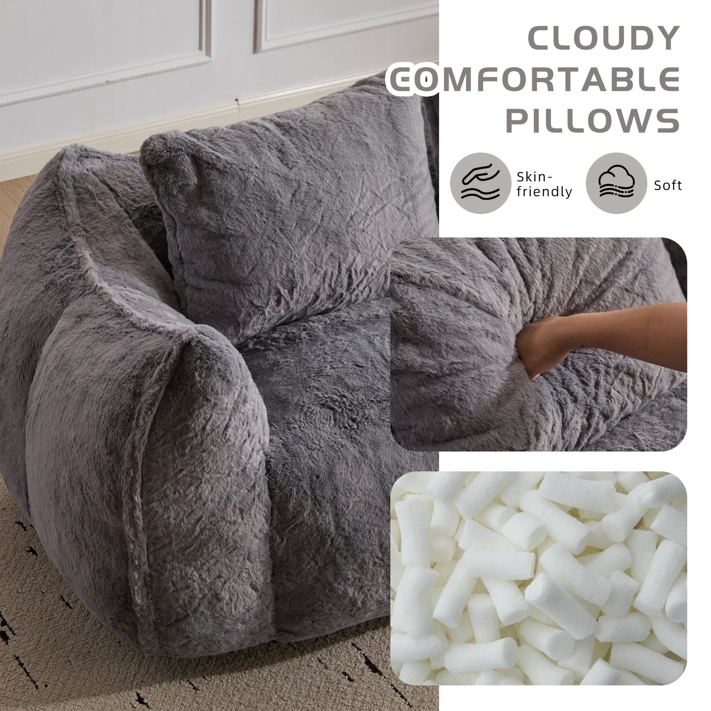 Giant Bean Bag Couch - Ultra Soft Fluffy Loveseat Sofa, Grey