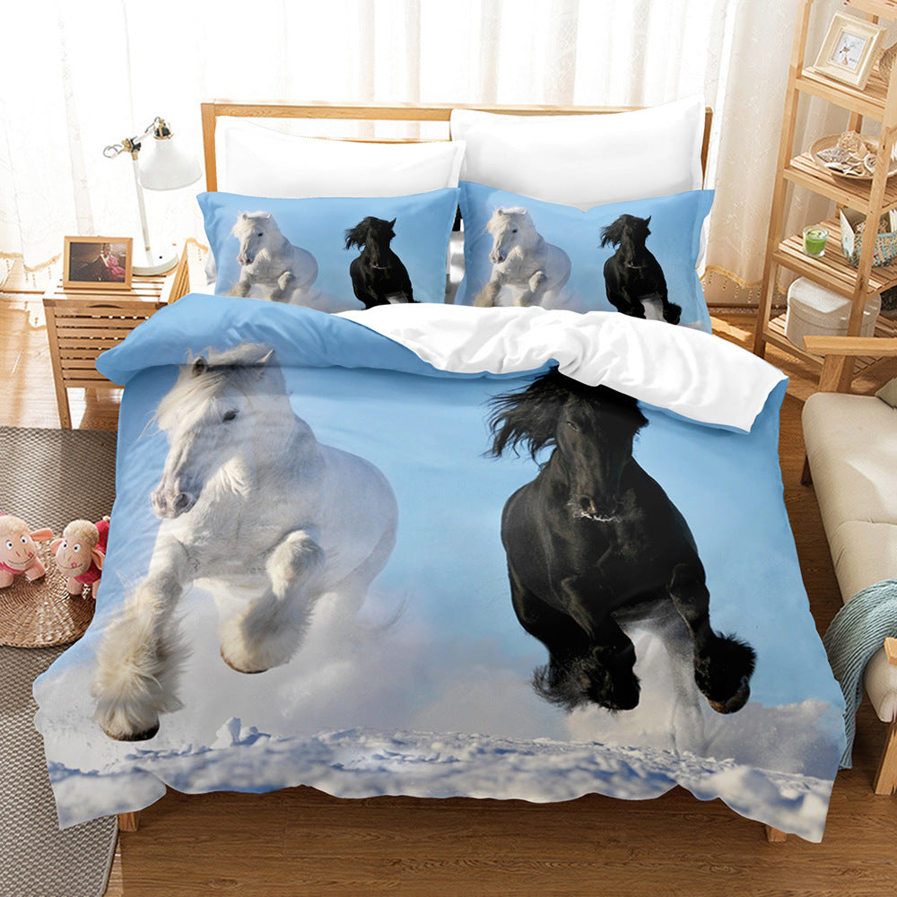 Animal Horse Pattern 3-Piece Quilt Cover Set Coral Fleece Bedding Home Textile