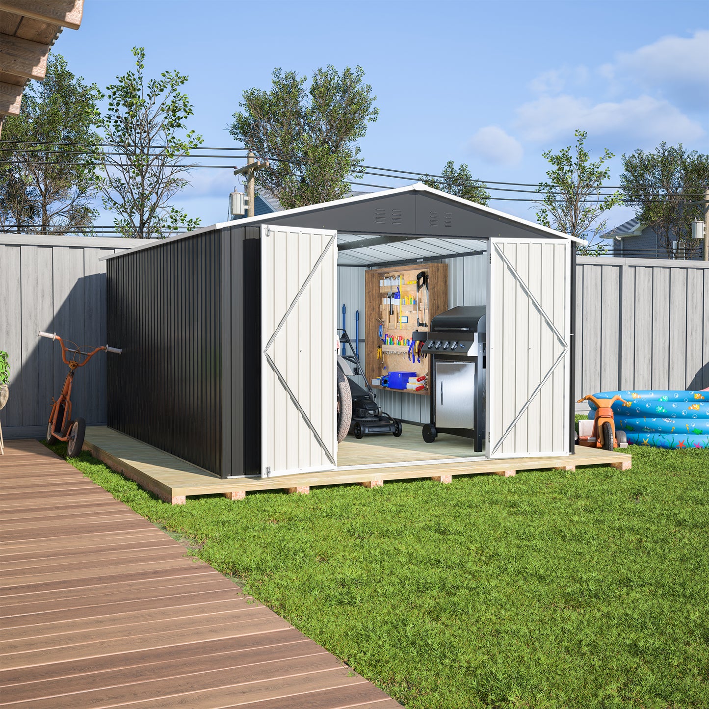 Metal Outdoor Storage Shed 10x12 FT with Lockable Doors - Black