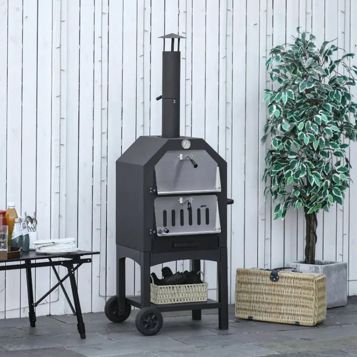 Outdoor Pizza Oven, Wood Fired Oven With Wheels For Outside, Portable