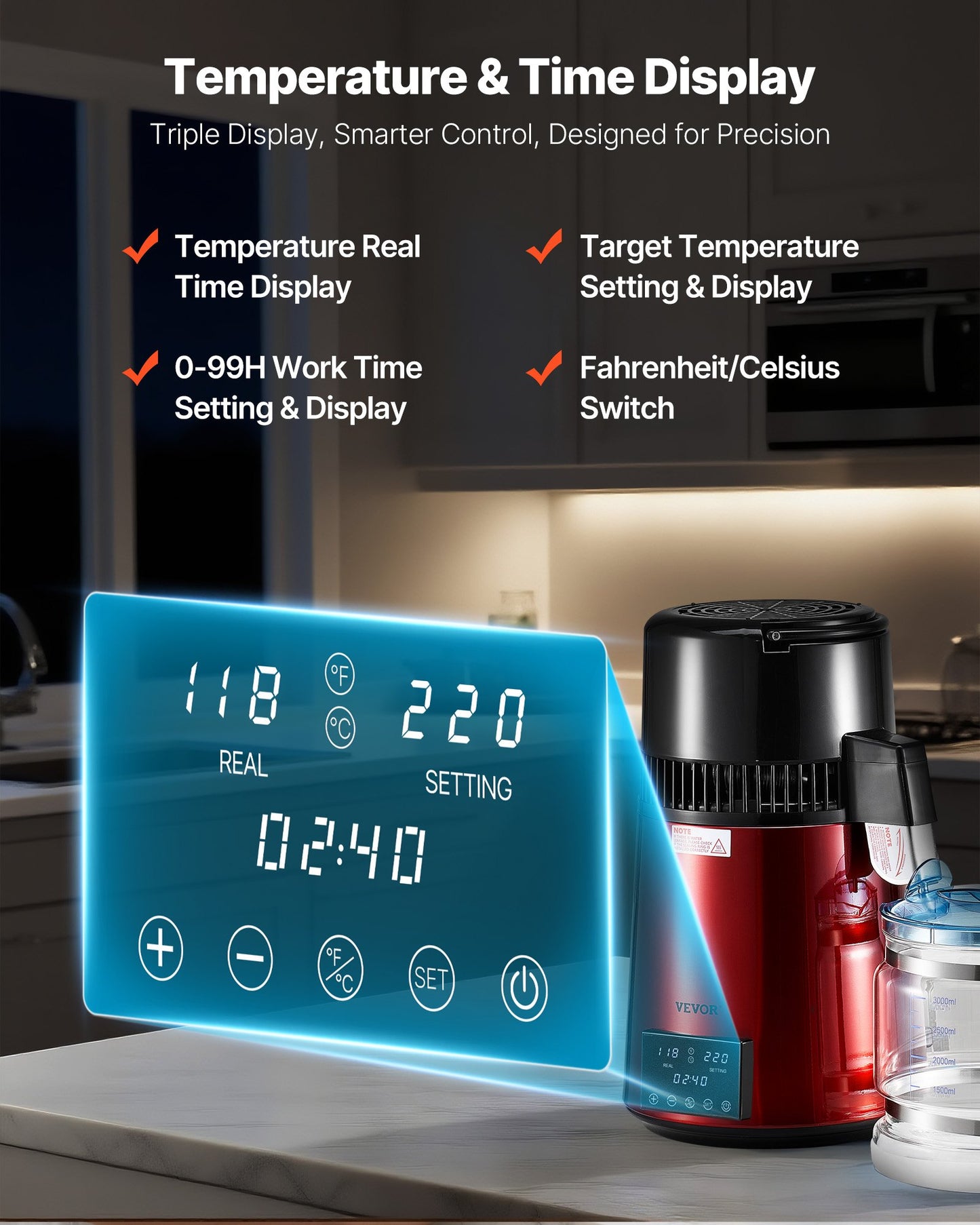 4L Water Distiller Machine with Stainless Steel & Glass - Home Countertop Purifier, Red